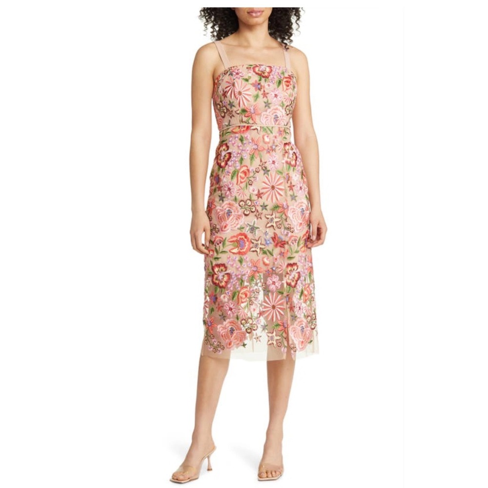 Sam Edelman Floral Embroidered Mesh Midi Dress Women Size 2 Pink Multi Floral